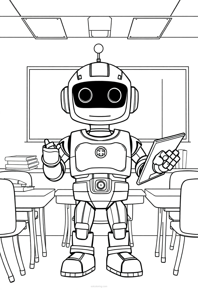 Robot Teacher in Classroom coloring page for kids