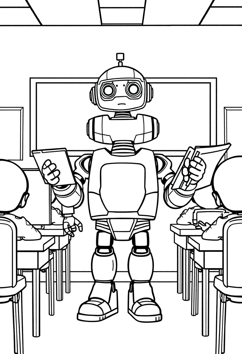 Robot Teacher in Classroom coloring page, free printable