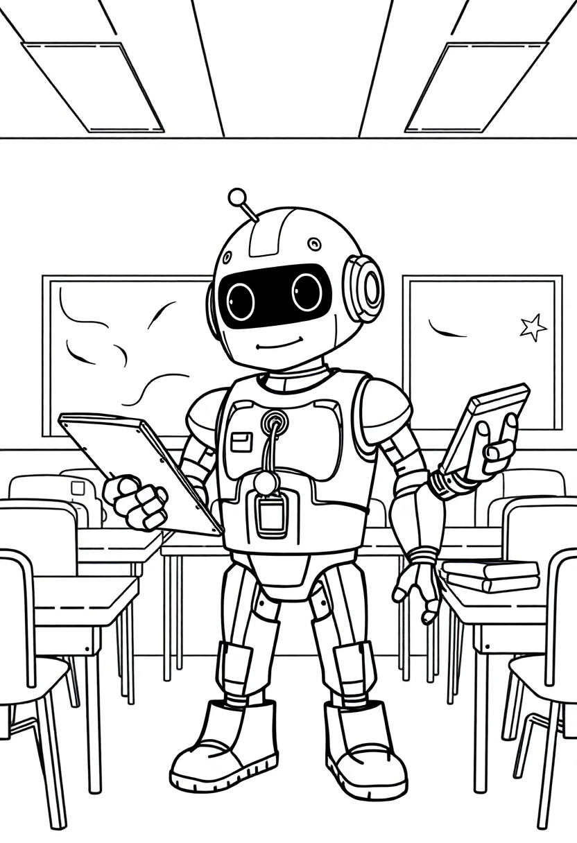 Robot Teacher in Classroom coloring page, free printable
