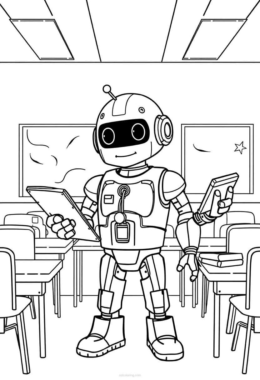 Robot Teacher in Classroom coloring page for kids