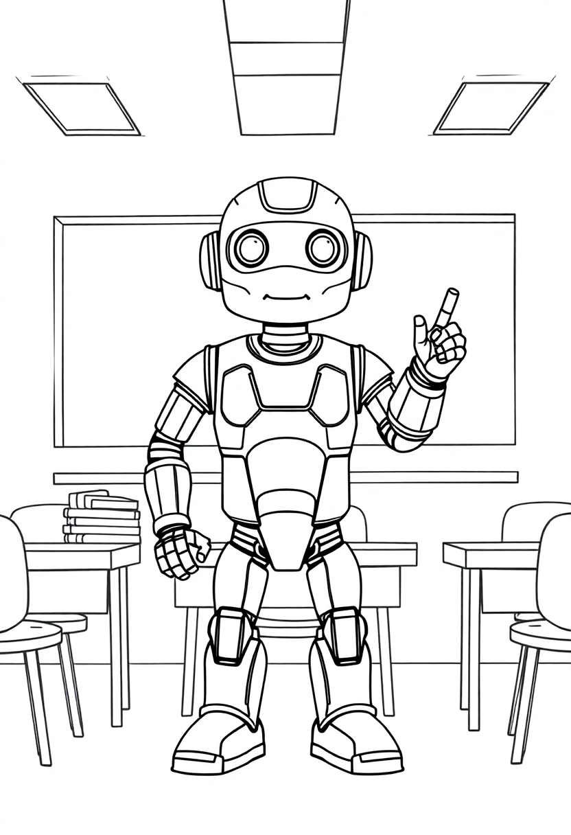 Robot Teacher in Classroom coloring page, free printable