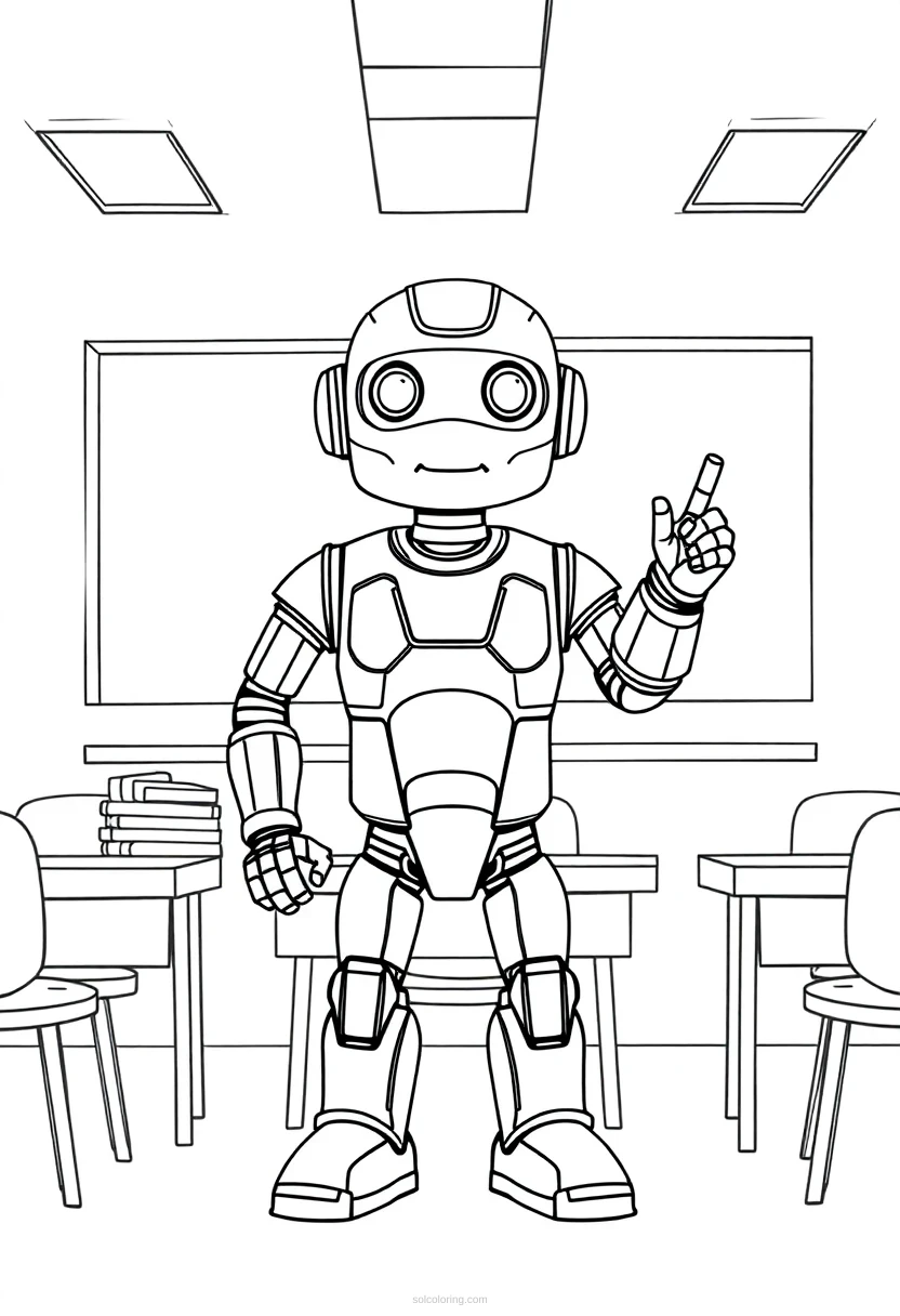 Robot Teacher in Classroom coloring page for kids