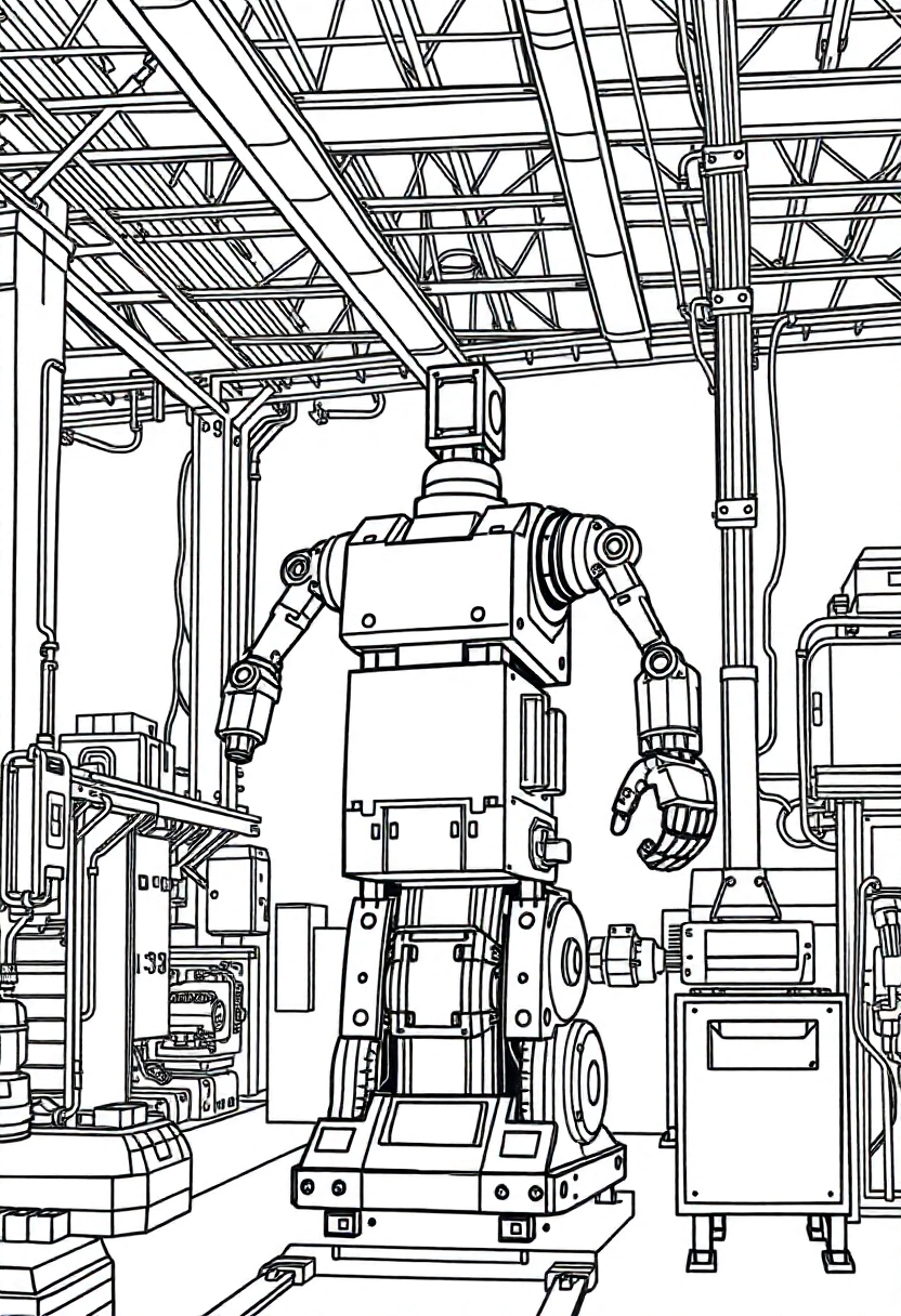 Robotic Manufacturing Plant coloring page, free printable