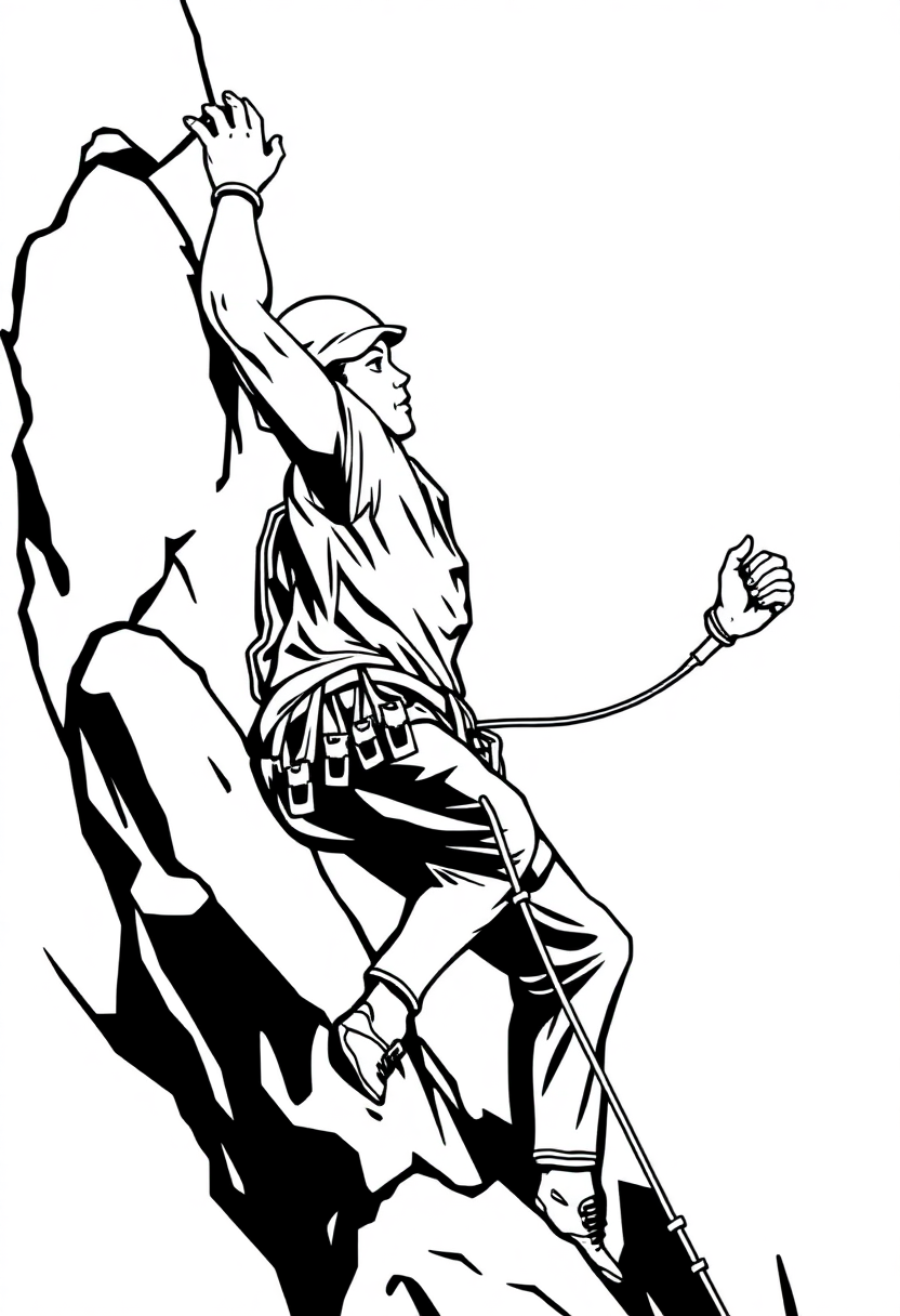 Rock climbing champion coloring page showing chibi athlete with climbing gear, helmet, and bold outlines for easy coloring