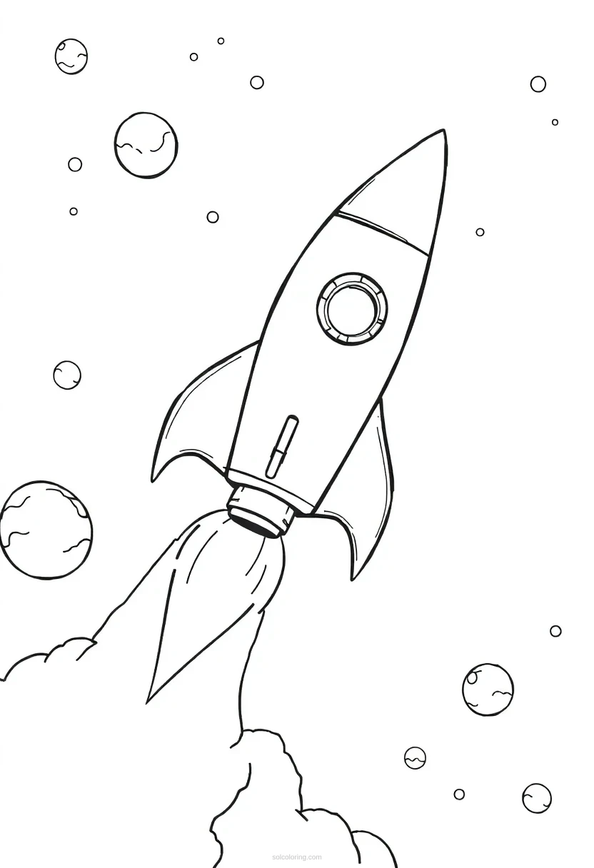 Rocket Ship Flying Through Space coloring page for kids