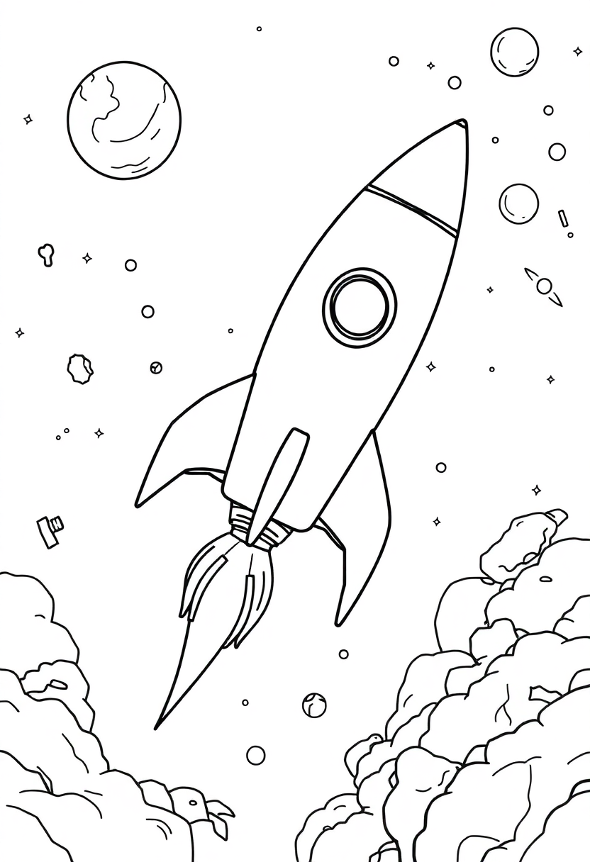 Rocket Ship Flying Through Space coloring page, free printable