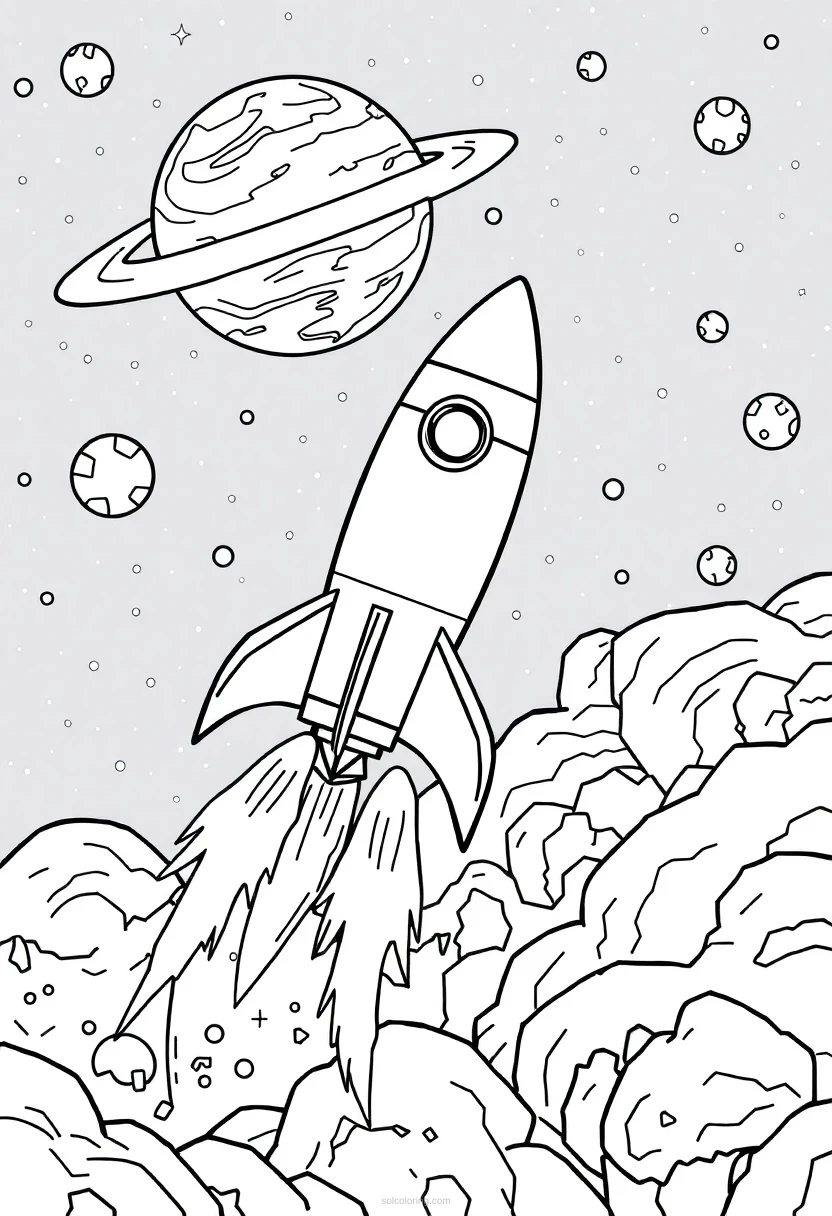 Rocket Ship Flying Through Space coloring page for kids