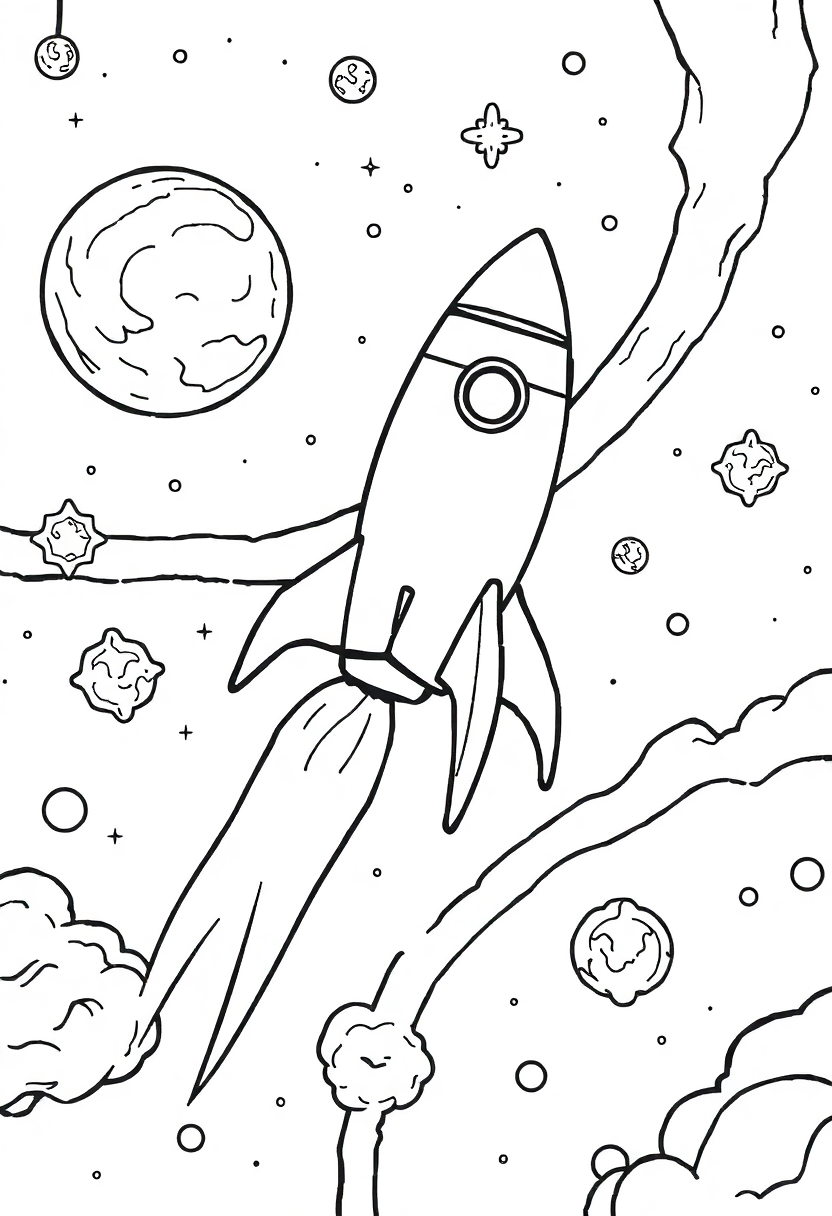 Rocket Ship Flying Through Space coloring page, free printable