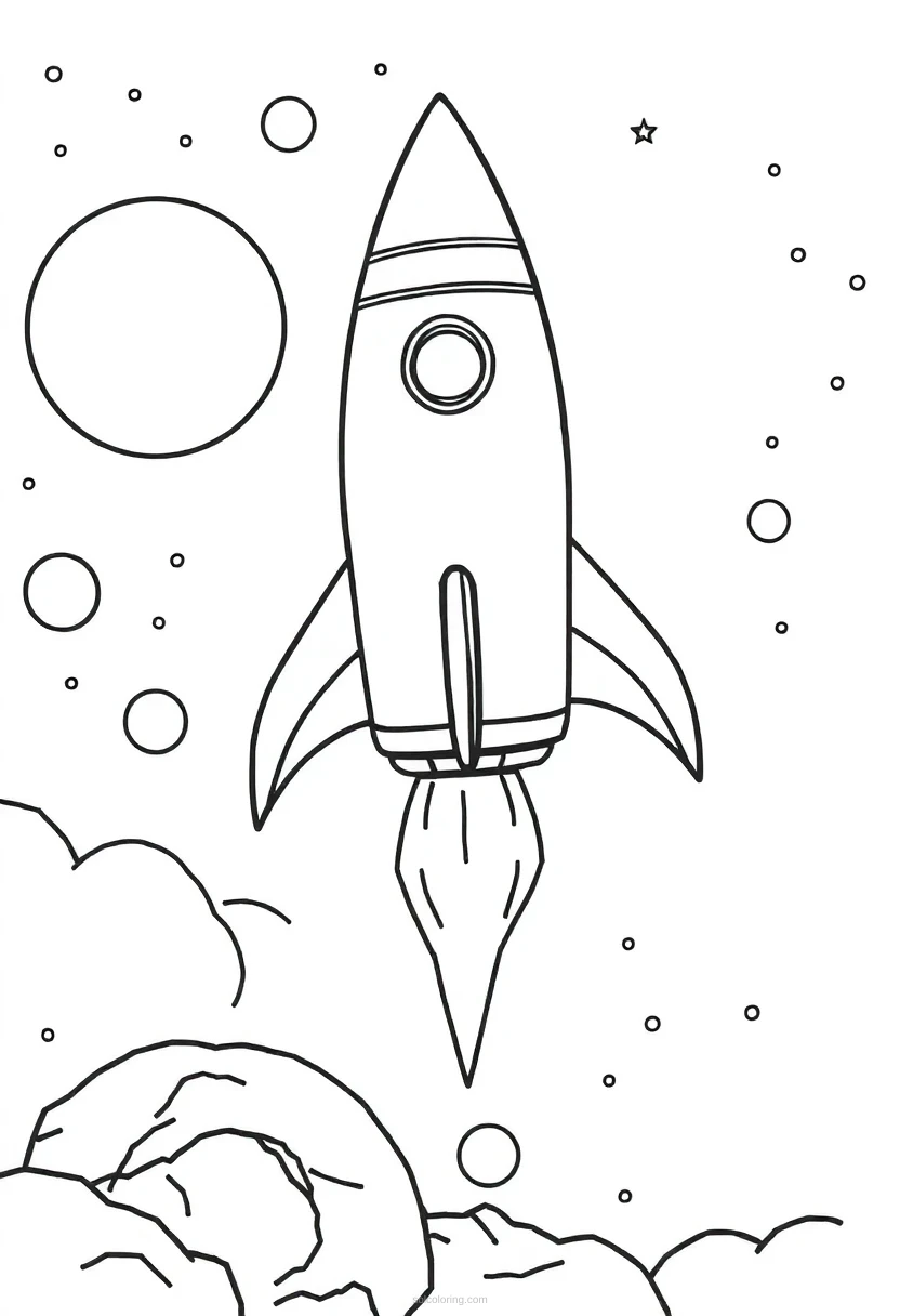 Rocket Ship Flying Through Space coloring page for kids