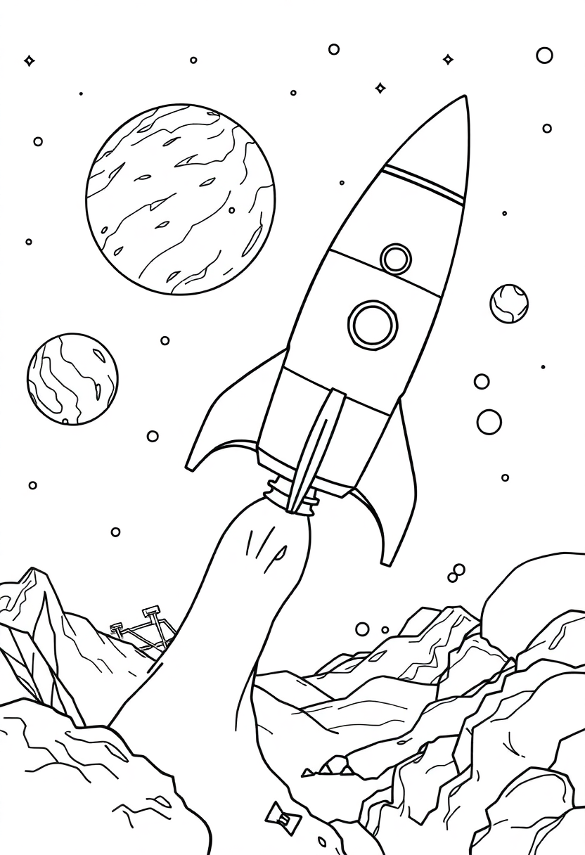Rocket Ship Journey to Unknown Worlds coloring page, free printable