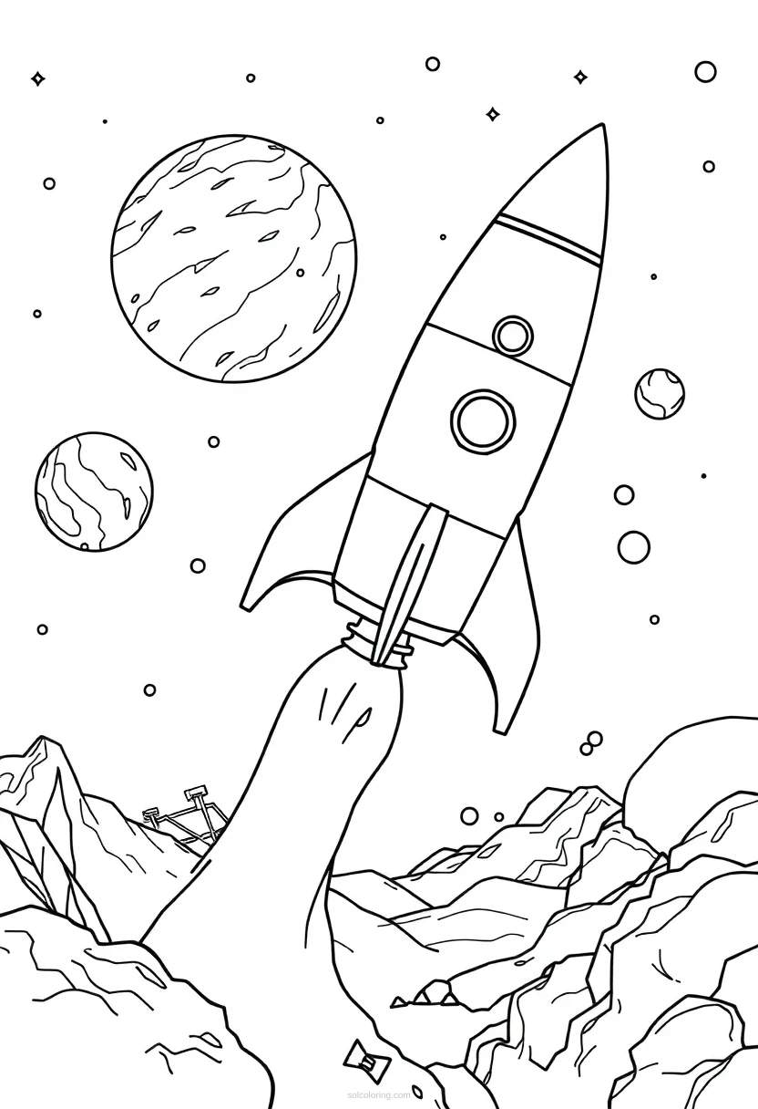 Rocket Ship Journey to Unknown Worlds coloring page for kids