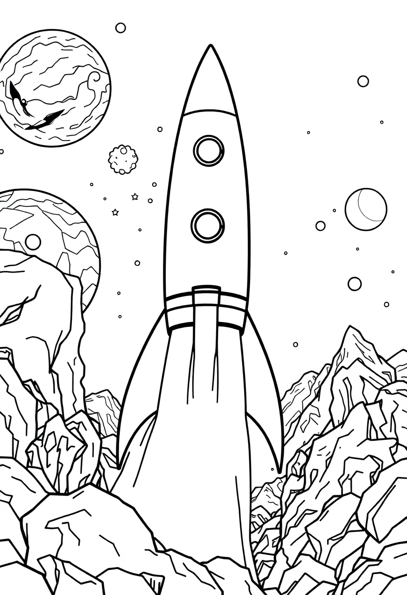 Rocket Ship Journey to Unknown Worlds coloring page, free printable