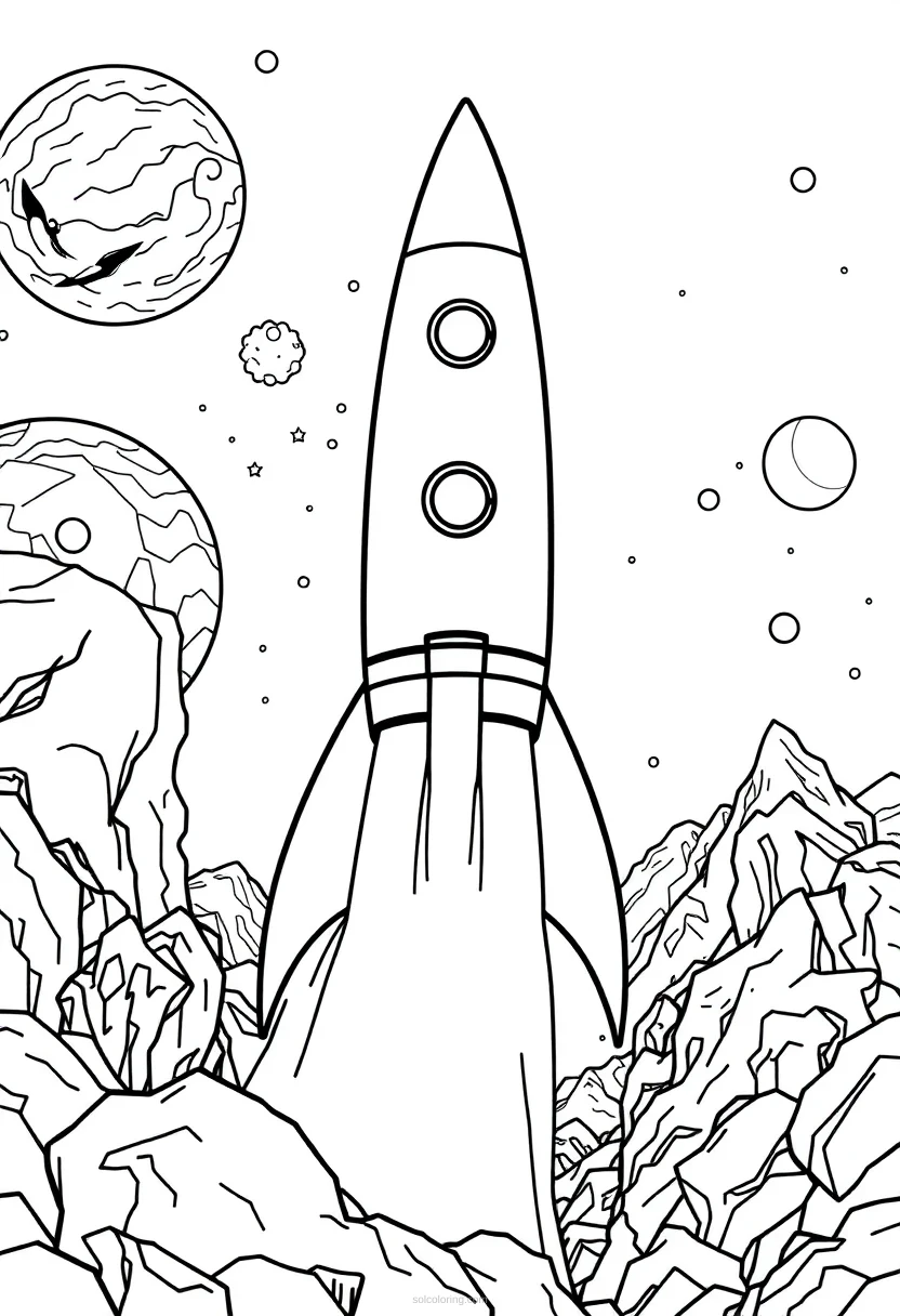 Rocket Ship Journey to Unknown Worlds coloring page for kids