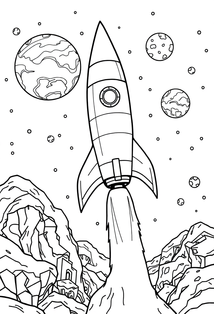 Rocket Ship Journey to Unknown Worlds coloring page, free printable