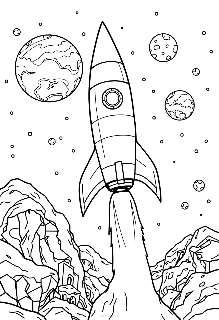 Rocket Ship Journey to Unknown Worlds coloring page for kids