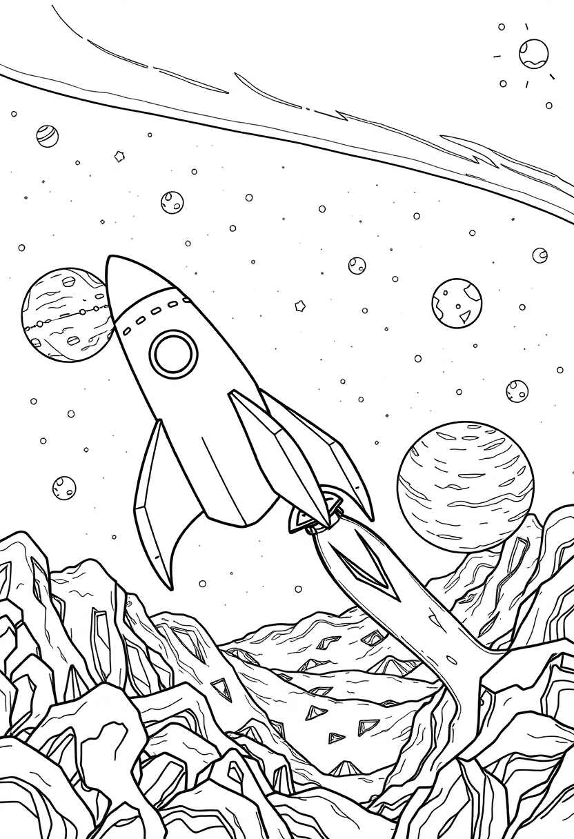 Rocket Ship Journey to Unknown Worlds coloring page, free printable