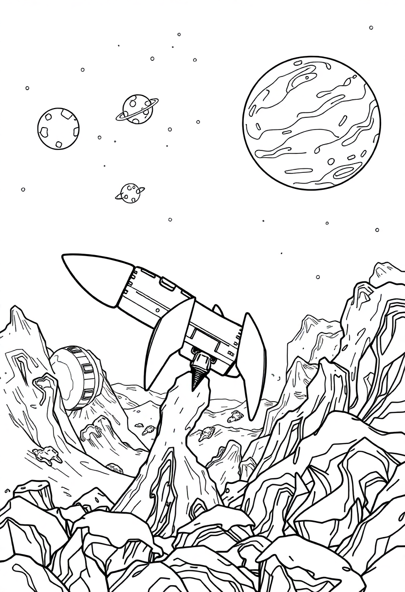 Rocket Ship Journey to Unknown Worlds coloring page, free printable