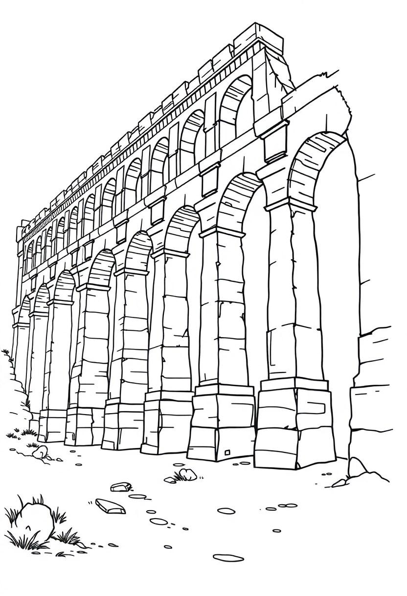 Roman Aqueduct coloring page, free printable standard style for kids and adults