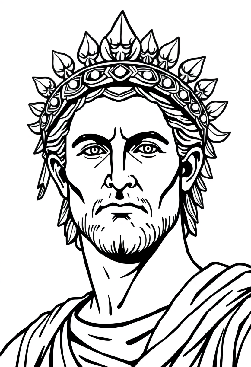 Detailed Roman Emperor coloring page showing imperial figure wearing ornate laurel crown with bold black outlines