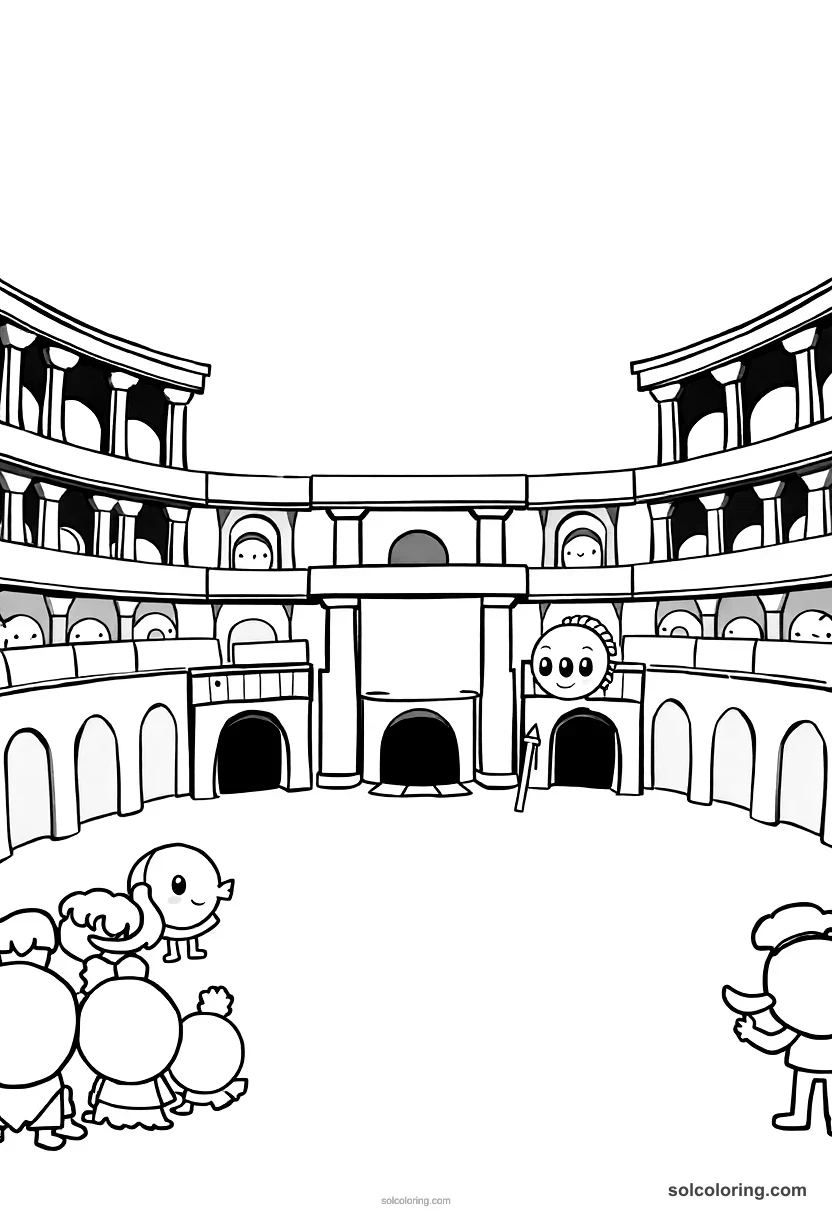 Cute Cartoon Roman Gladiator Arena on Fight Day cute cartoon coloring page for kids