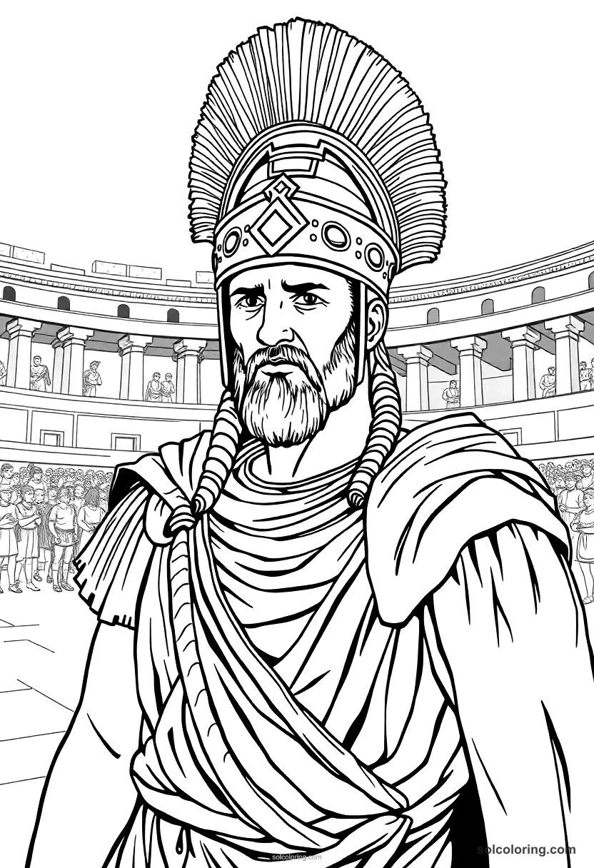 Roman Gladiator Arena on Fight Day detailed coloring page for kids