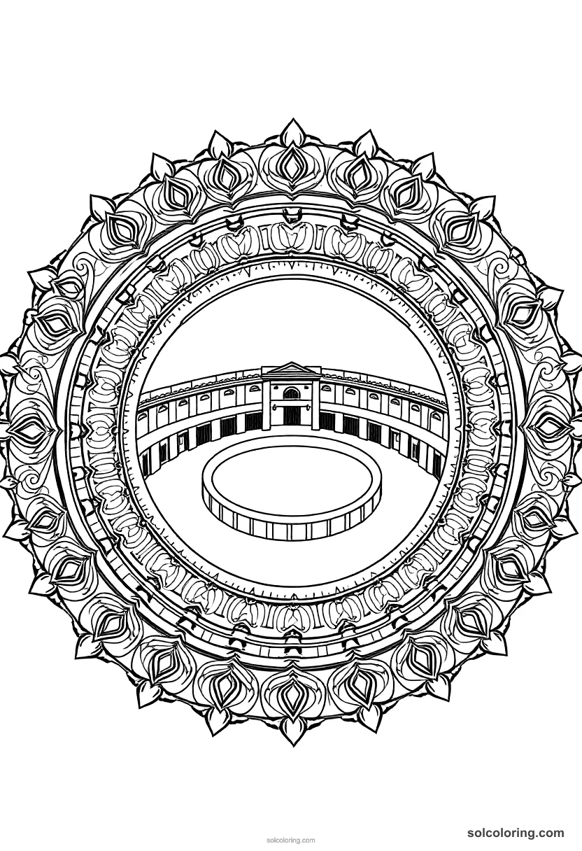 Mandala Roman Gladiator Arena on Fight Day mandala coloring page for kids