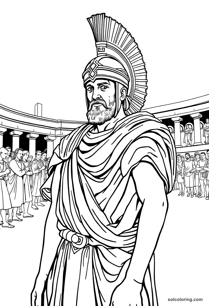 Roman gladiator arena coloring page showing fighters in combat with crowds in ancient Colosseum amphitheater