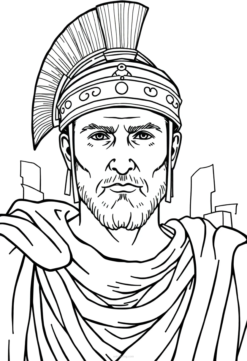 Roman gladiator coloring page showing warrior with helmet, armor, shield and sword in cartoon style with bold outlines