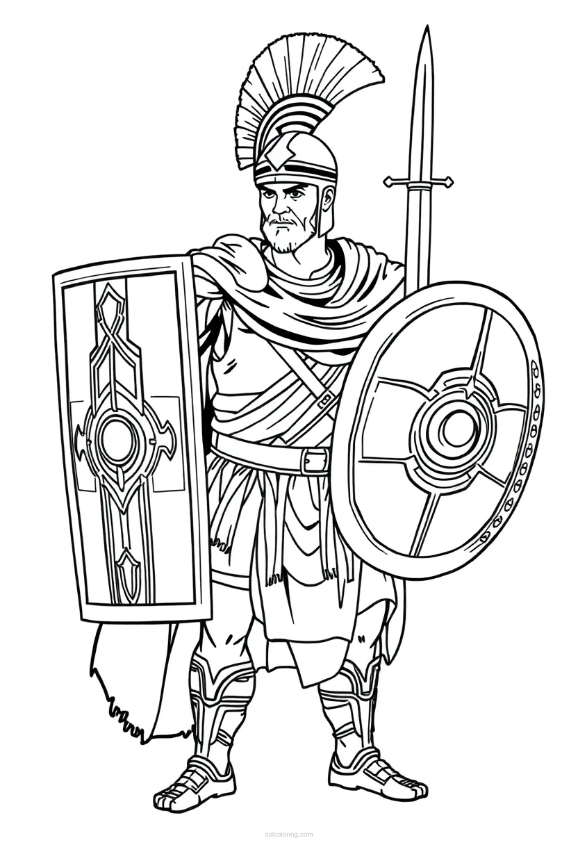 Roman Gladiator with Shield and Sword coloring page for kids