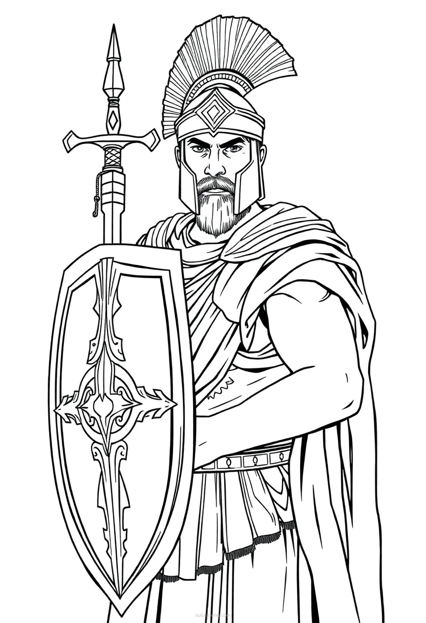 Roman Gladiator with Shield and Sword coloring page for kids
