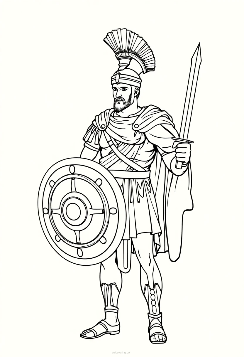 Roman Gladiator with Shield and Sword coloring page for kids