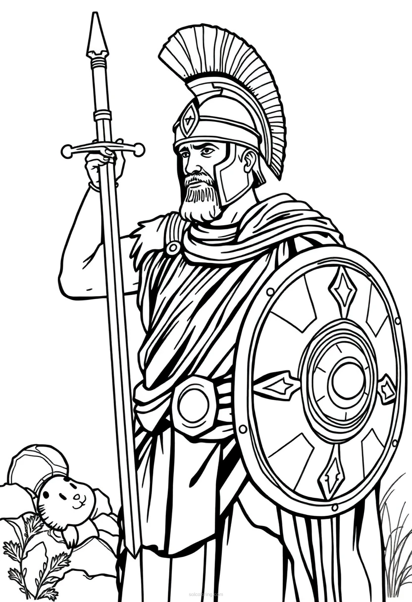 Roman Gladiator with Shield and Sword coloring page for kids
