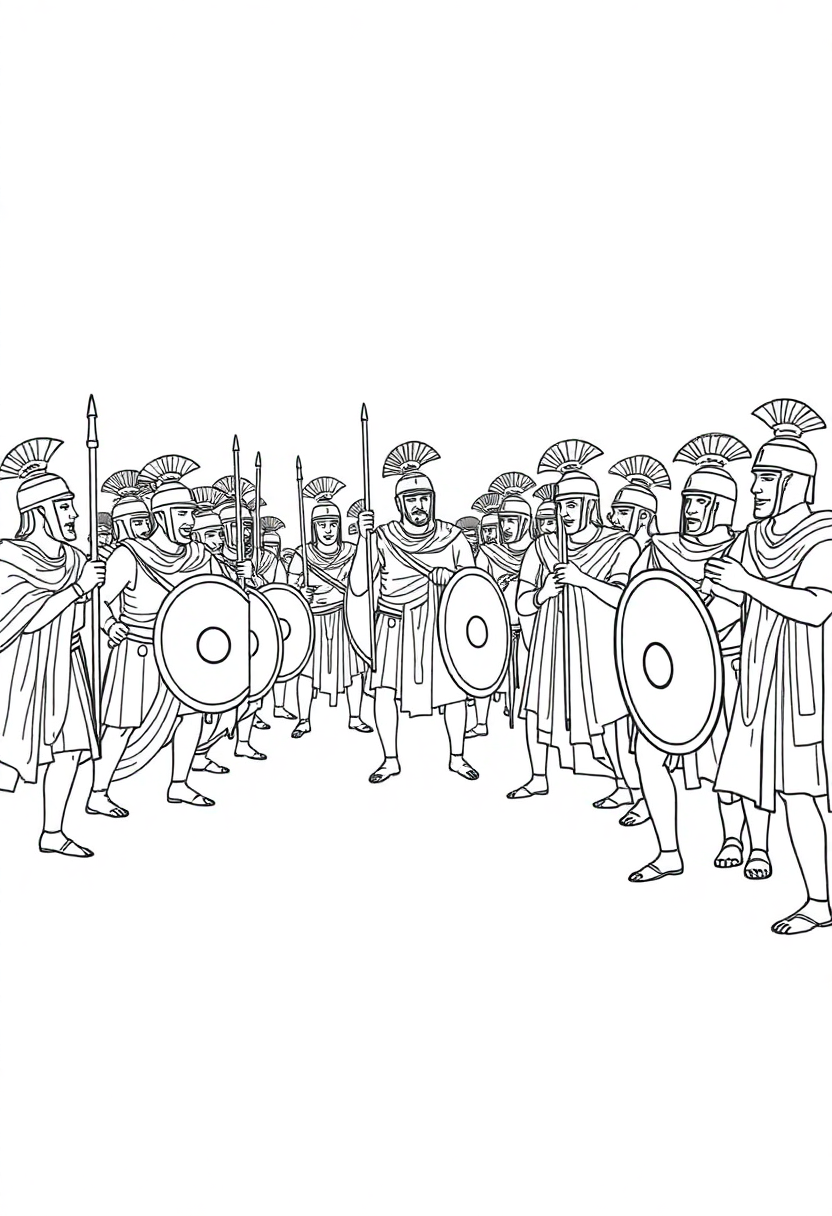 Roman Legion Battle Formation coloring page showing cartoon soldiers with shields and spears in formation