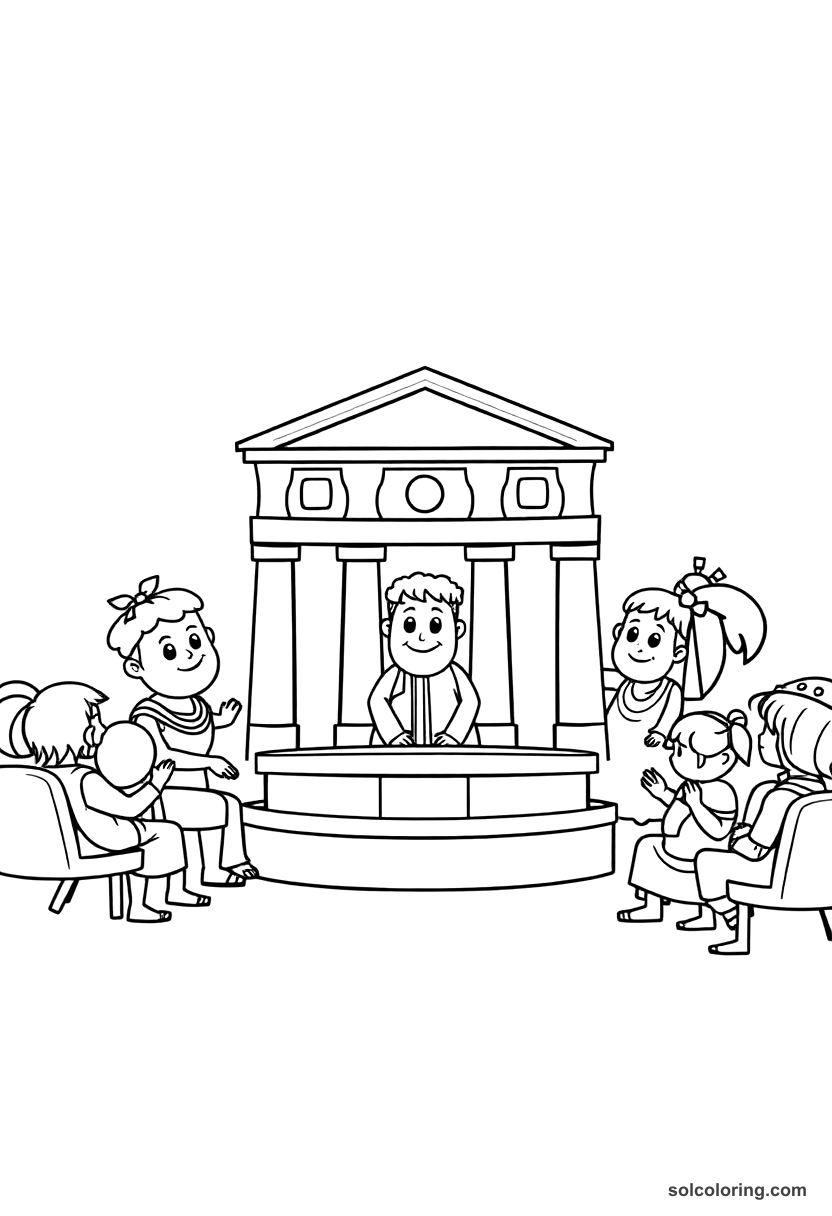 Cute Cartoon Roman Senate Debate on the Ides of March coloring page, free printable cute cartoon style