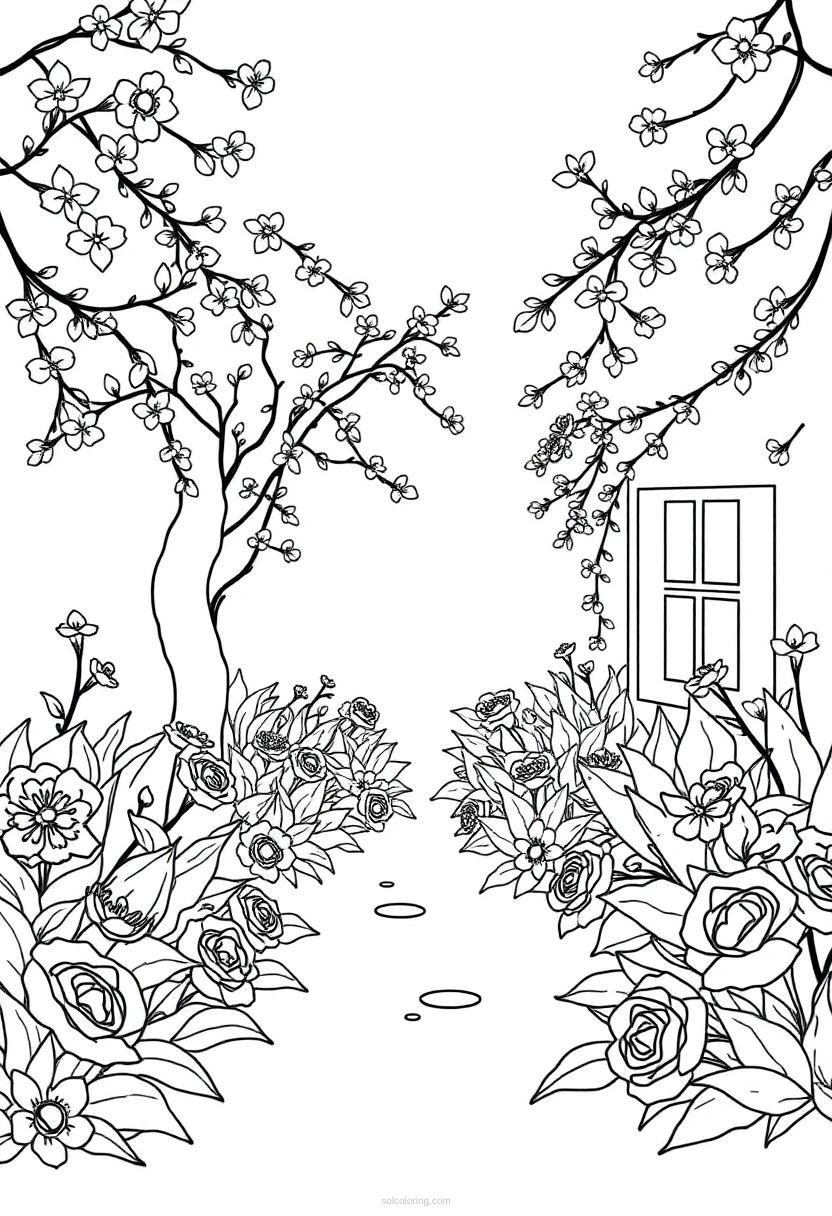 Romantic Garden Scene coloring page for kids