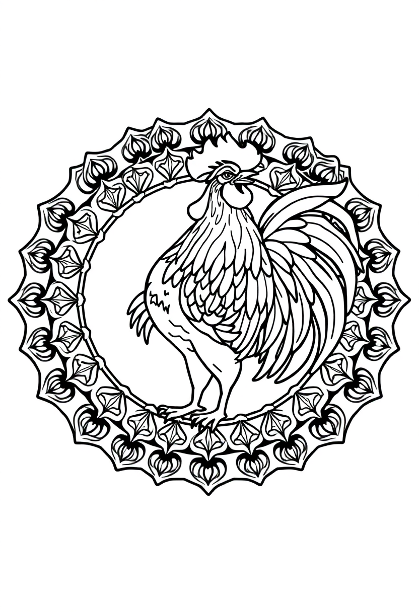 Rooster crowing coloring page with mandala design featuring bold outlines of a rooster calling with decorative patterns