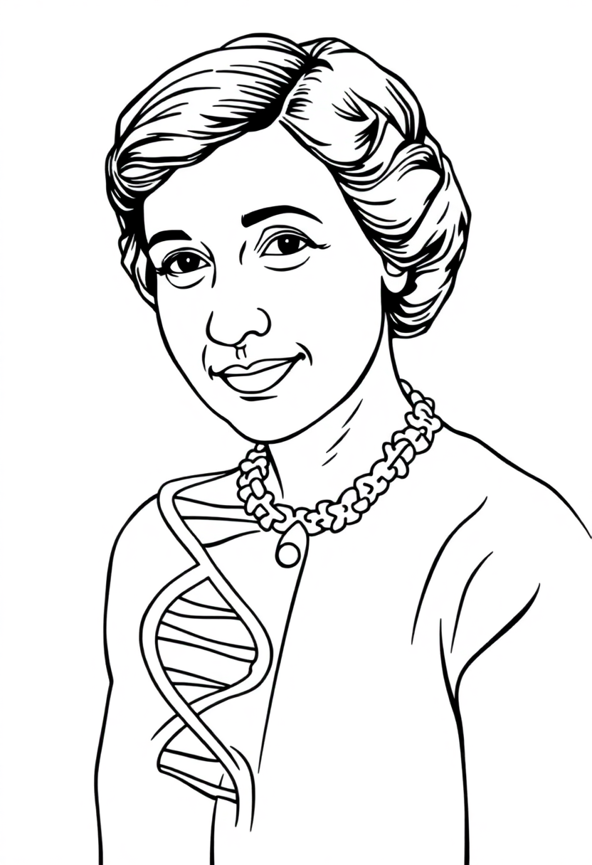 Rosalind Franklin with DNA Helix Model coloring page, free printable