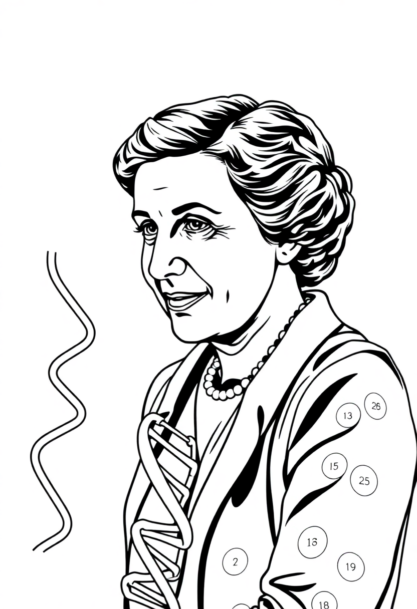Rosalind Franklin with DNA Helix Model coloring page, free printable
