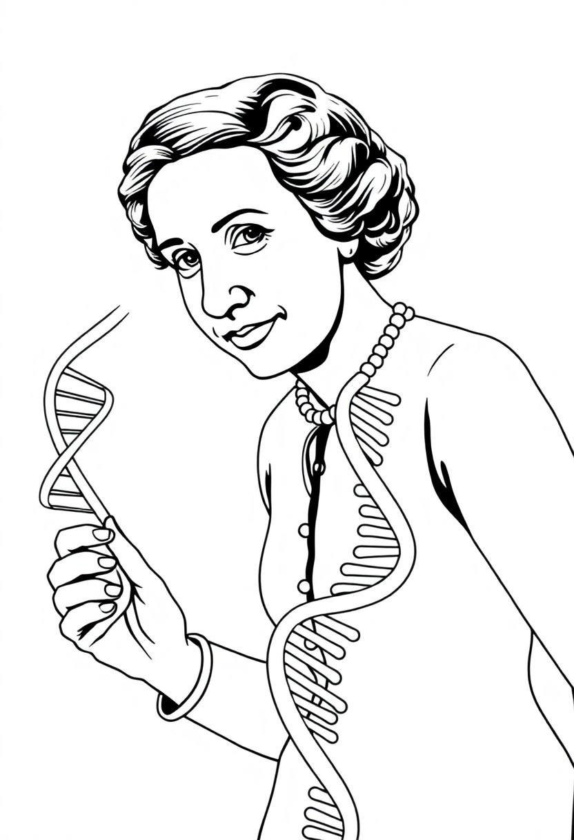 Rosalind Franklin with DNA Helix Model coloring page, free printable
