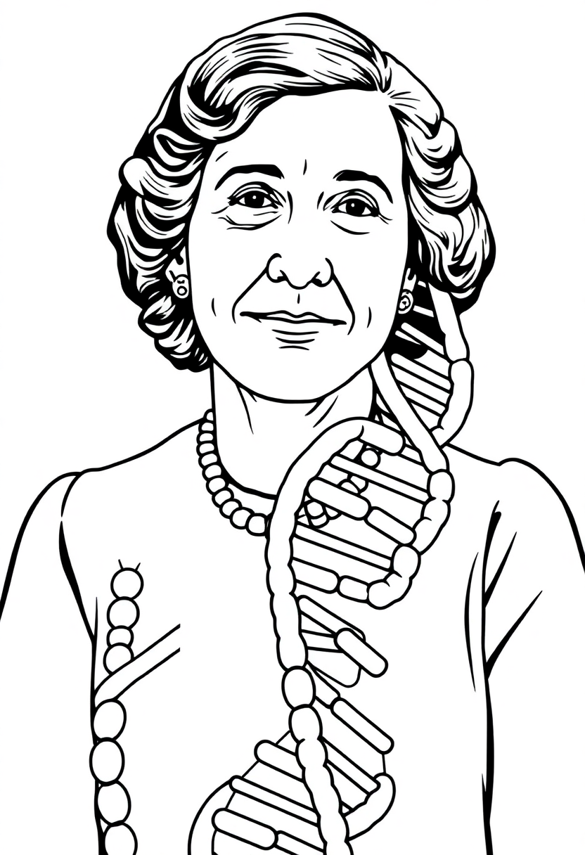 Rosalind Franklin with DNA Helix Model coloring page, free printable