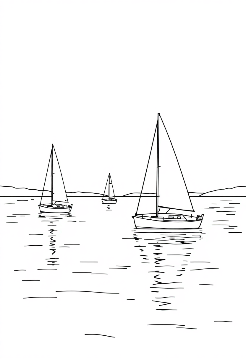 Sailboats on calm water coloring page with detailed outlines showing peaceful boats floating on serene lake or ocean