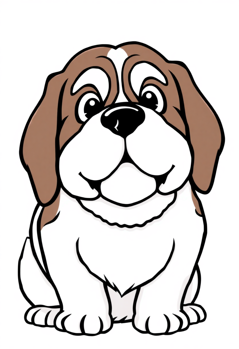 Saint Bernard rescue dog coloring page showing cute cartoon puppy with rescue barrel and fluffy fur outlines for kids