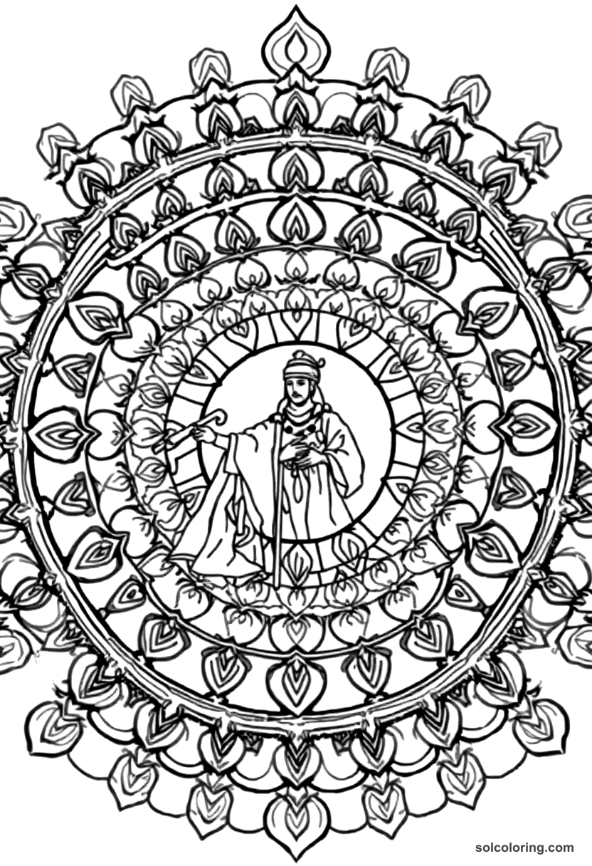 Mandala Saladin at the Battle of Hattin coloring page, free printable mandala style