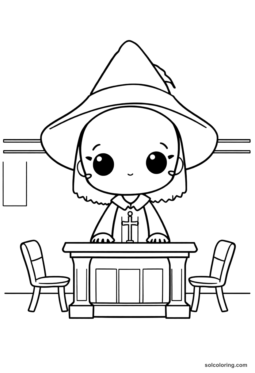 Chibi Salem Witch Trial Courtroom coloring page, free printable chibi style