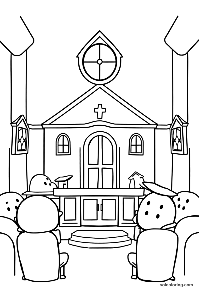 Cute Cartoon Salem Witch Trial Courtroom coloring page, free printable cute cartoon style