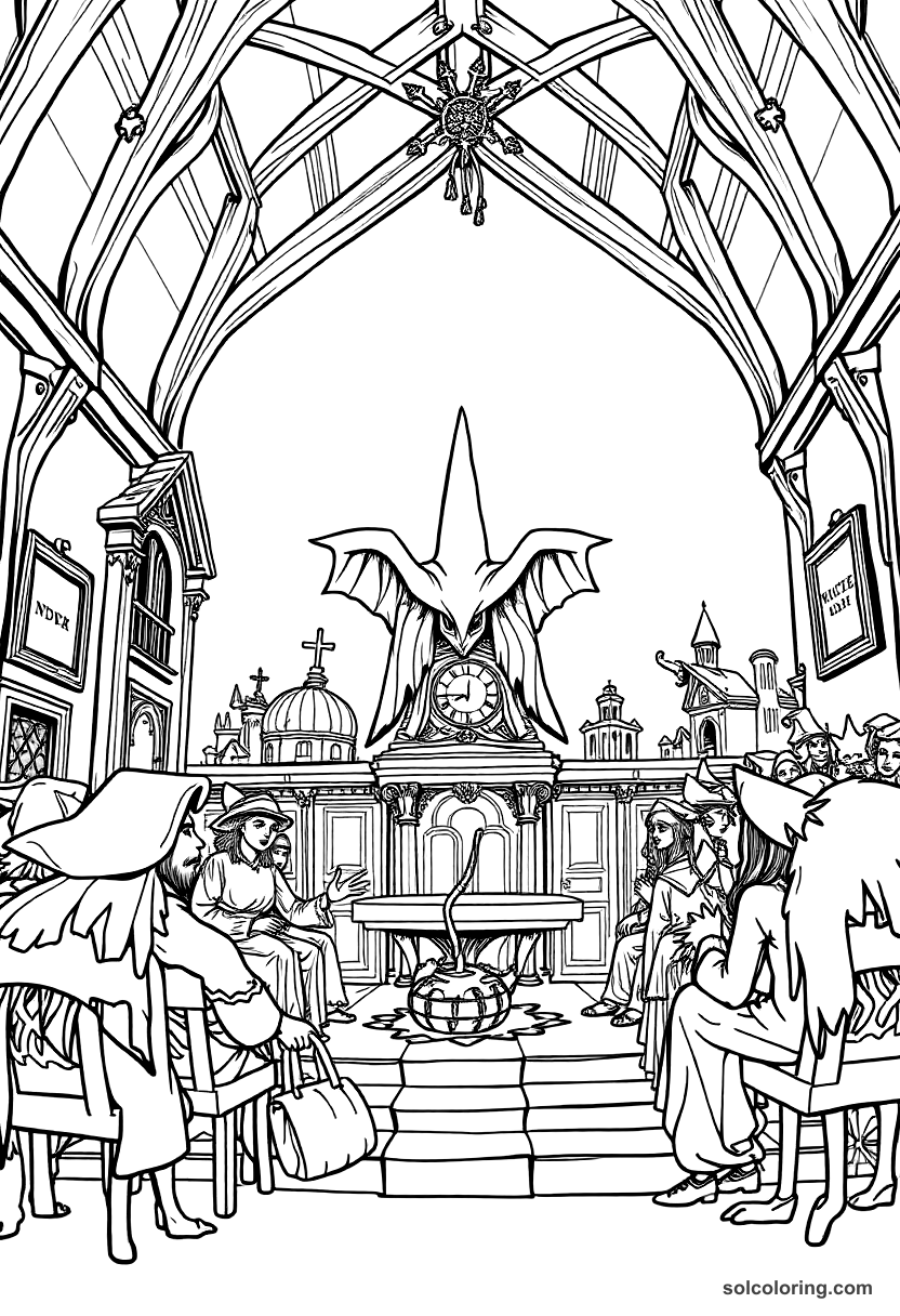 Salem Witch Trial Courtroom coloring page, free printable detailed style