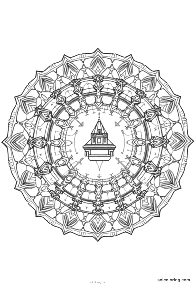 Mandala Salem Witch Trial Courtroom mandala coloring page for kids