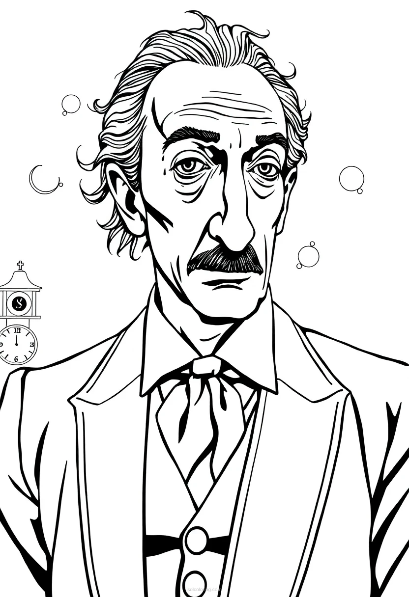 Salvador Dali with Melting Clocks coloring page for kids