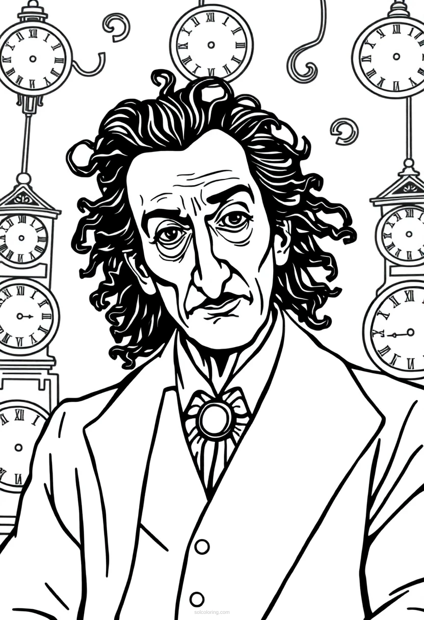 Salvador Dali with Melting Clocks coloring page for kids