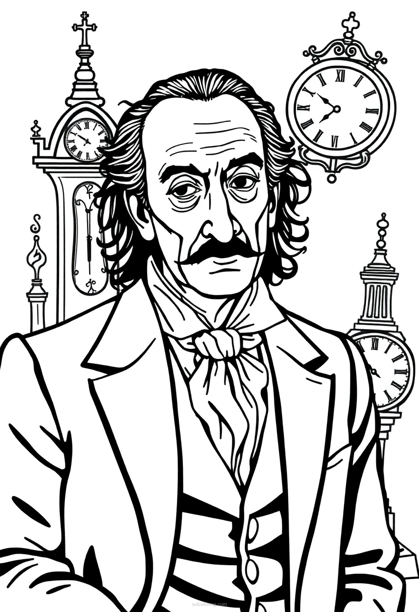 Salvador Dali with Melting Clocks coloring page for kids